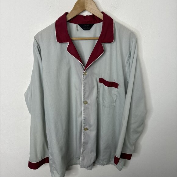 Vintage 60s 70s Men L Gray Red Night Shirt Sleepwear Button Up - Picture 1 of 6